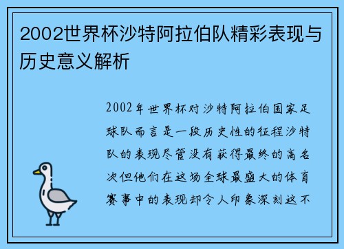 2002世界杯沙特阿拉伯队精彩表现与历史意义解析